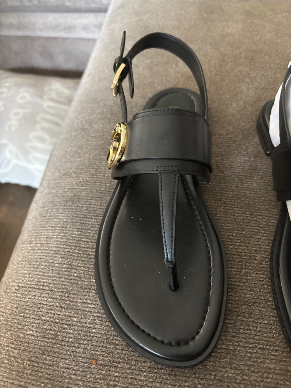 Michael Kors Black Leather T-Strap Sandals with Gold Logo - Picture 5 of 6